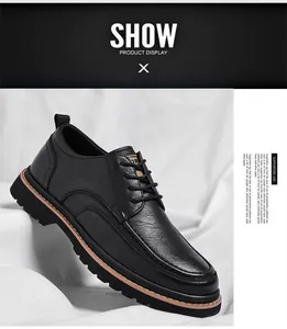 Detail of black leather derby shoe with thick rubber sole and contrast welt stitching