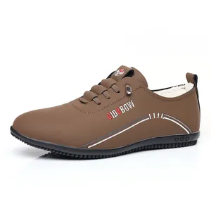 Brown casual leather shoes with warm faux fur lining and non-slip rubber soles for men