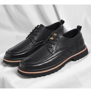Detailed close-up of textured black leather business shoes with elegant u-tip stitching