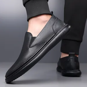 Men's black pebble grain leather loafers with breathable soft rubber sole for driving