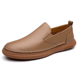 Men's brown pebble grain leather loafers with durable rubber sole and handmade stitching