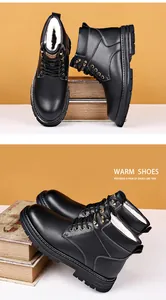 Detail of warm black men's winter boots with thick white faux fur lining and lace-up design