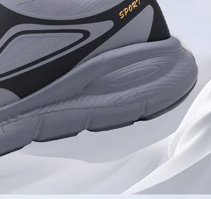 Detailed macro view of gray breathable mesh and sport cushioned midsole on athletic shoes