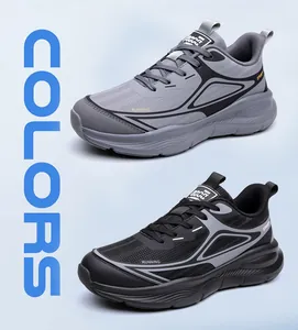 Close-up of breathable mesh running shoes in grey and black with thick cushioned soles