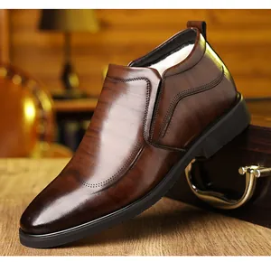 Detail of brown wood-grain leather boot with thick white fleece lining and side stitching