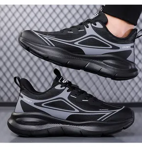 Detail view of breathable black mesh running sneakers with thick cushioning and anti-slip sole