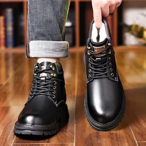 Men's winter waterproof leather boots with warm thick plush lining and non-slip sole