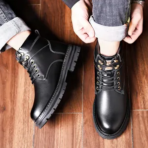 Men's black winter Martin boots with warm wool lining and white stitching details