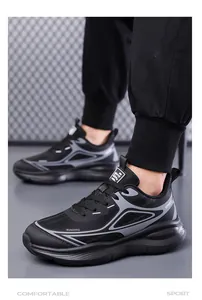 Close-up of black and grey breathable mesh running shoes with Running and Sport text