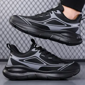 Men's breathable mesh running shoes in black and grey with cushioned rubber soles