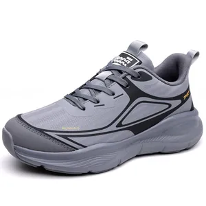 Men's breathable mesh running shoes in grey and black with thick cushioned EVA soles