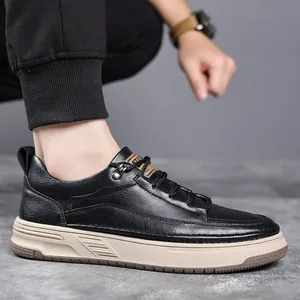 Chaussures décontractées homme en cuir noir pour l'automne avec semelle épaisse antidérapante