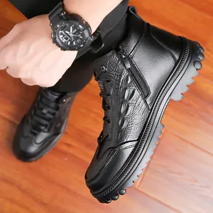 Bottes d'hiver en cuir motif crocodile pour hommes doublées de peluche et semelle gomme