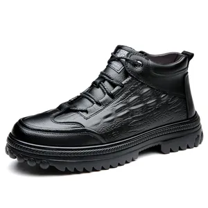 Bottes d'hiver noires en cuir à motif crocodile pour hommes avec doublure chaude et semelle