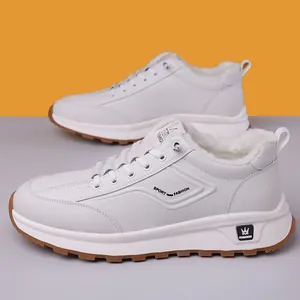 Winter men white high-top fleece-lined leather sneakers with thick brown rubber sole