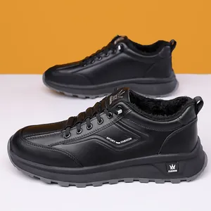 Winter men's fleece-lined sports shoes with thick rubber soles and black synthetic leather