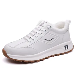 Winter men's white leather sneakers with warm fleece lining and thick non-slip soles