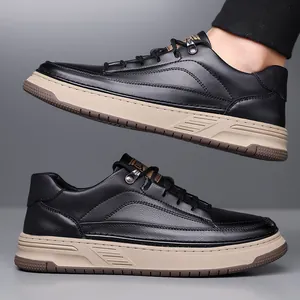 Retro thick-sole men's casual leather shoes in black with beige anti-slip platform soles