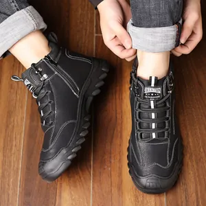 Men's high-top winter boots with warm lining and side zipper on dark wooden floor