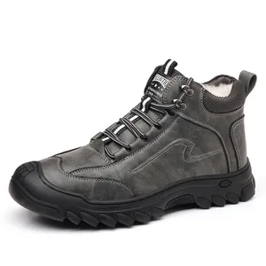 Men's winter snow boots in grey with warm wool lining and anti-slip thick rubber sole