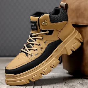 Stivali Martin da Uomo Outdoor High Top in Pelle Suola Spessa Antiscivolo Caldi Foderati Inverno Scarpe da Lavoro Cerniera