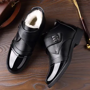 Botas de Negocios de Piel de Vaca para Hombre Forradas de Vellón Engrosadas Cálidas Botas de Nieve Suela de Goma Antideslizante Zapatos de Cuero Casuales