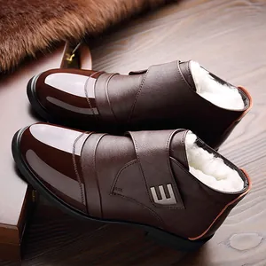 Botas de invierno para hombre en cuero con forro de lana y velcro en marrón oscuro