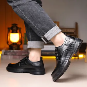 Men's black warm business casual leather shoes with thick non-slip soles and laces