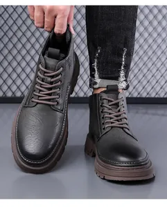 Close-up of men's leather Martin boots with non-slip rubber soles and lace-up design