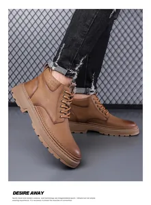 Detailed side view of khaki men's casual boots featuring thick anti-slip rubber soles