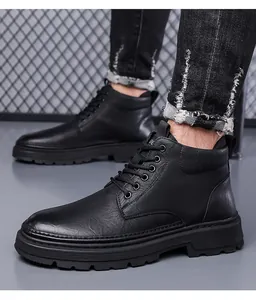 Side view of men's black high-top winter boots with thick non-slip rubber soles and laces