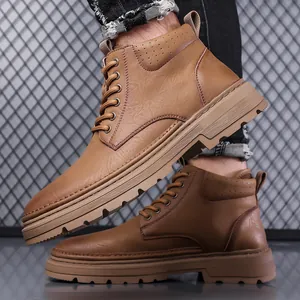 Men's winter brown leather high-top martin boots with thick anti-slip rubber sole
