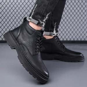 Men's winter warm high-top leather boots with fleece lining and anti-slip thick rubber sole