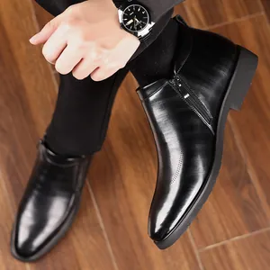 Men's black leather business ankle boots with side zipper and warm wool lining