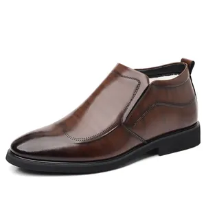 Brown leather men's business winter boots with warm wool lining and brogue detailing