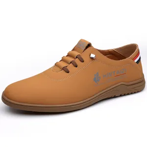 Men's casual leather loafers in camel brown with non-slip rubber soles and warm lining