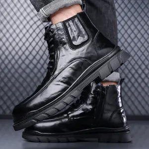 Herren Winterstiefel aus schwarzem Leder mit Wollfutter, Reißverschluss und Anti-Rutsch-Sohle