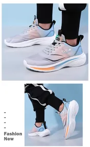 Detail showing grey and blue mesh sneakers with thick white soles and orange accents