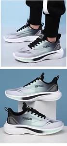 Detail of breathable mesh upper with tri-color gradient design and thick shock-absorbing sole