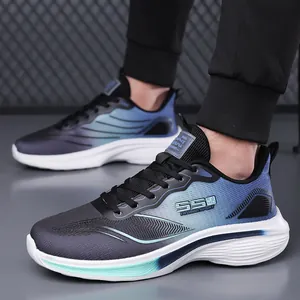 Men's breathable mesh running shoes in blue-black gradient with thick white cushioned soles