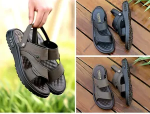 Detailopname van leren herensandalen met multifunctionele hielband en zachte zool