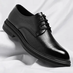 Men's Business Formal Leather Shoes Breathable Hollow Out Derby Shoes British Style Height Increasing Wedding Dress Shoes For Men