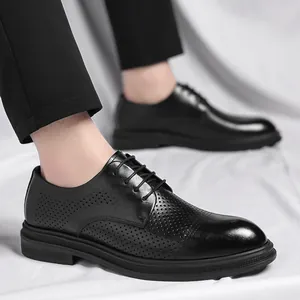 Men's black breathable cutout derby shoes with anti-slip rubber sole for business attire