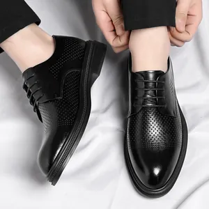 Classic black leather business derby shoes with breathable hollow punch design for men