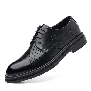 Men's black leather business derby shoes with laser-cut hollow details and rubber soles