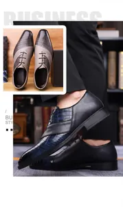 Detail of classic business dress shoes with crocodile texture stitching and lace-up design