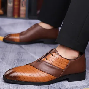 Classic men's brown business derby shoes with stylish crocodile embossed leather details