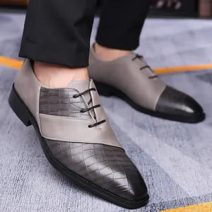 Men's grey business leather shoes with crocodile texture and lace-up formal design