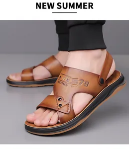 Detail of brown leather men's sandals with rotatable heel strap and non-slip sole