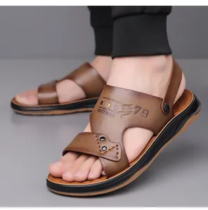 Detail view of brown leather men's dual-use sandals with adjustable heel strap